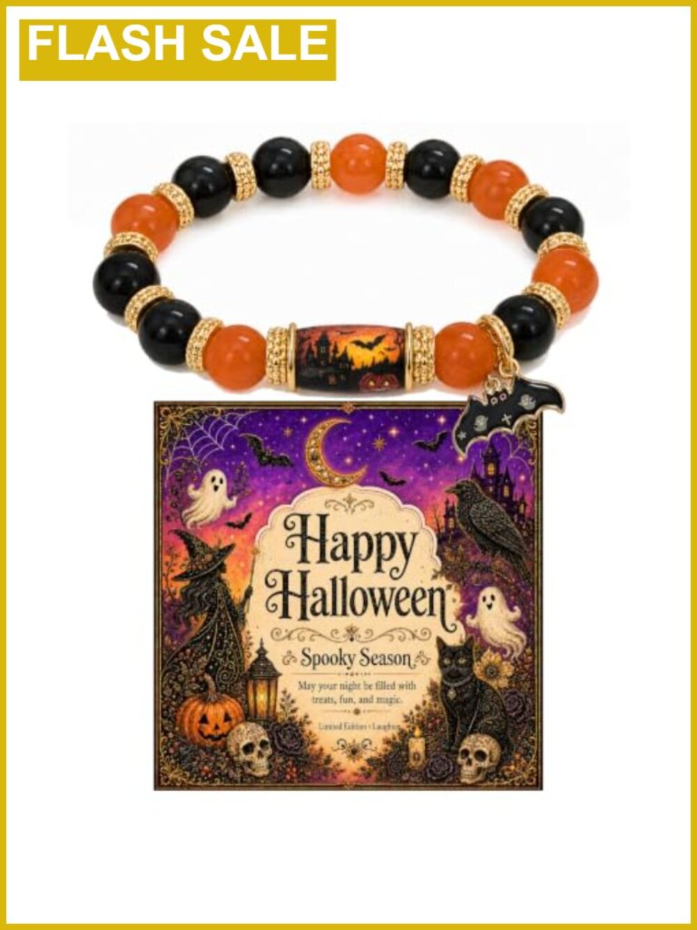 Halloween Charm Bracelet Women Beaded Stretch Bat Ghost Pumpkin Card